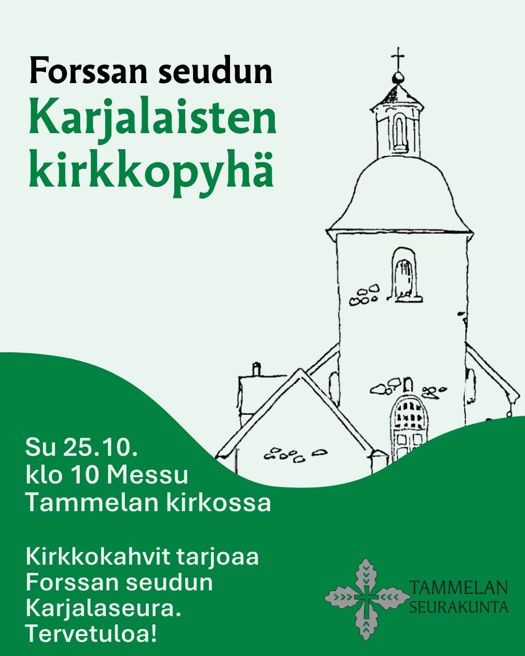mainoksessa piirros kirkosta ja mainosteksti