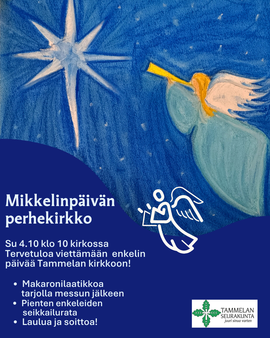 tapahtumamainoksessa enkeli soittaa trumpettia yötaivaalla tähtien loisteessa
