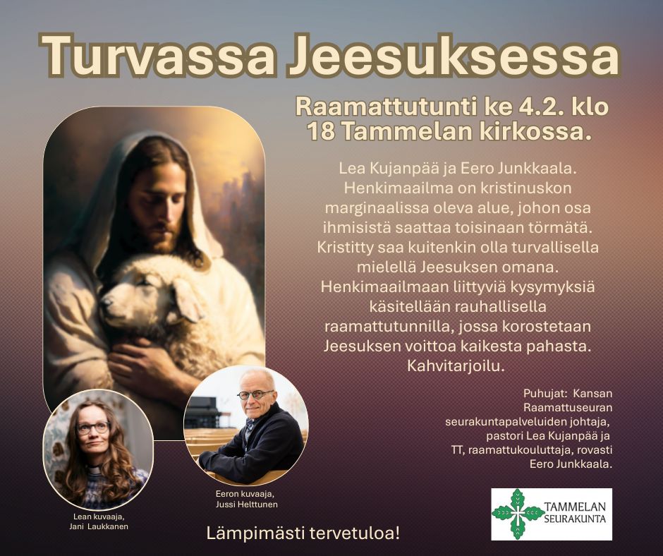 kuvassa Lean ja Eeron kuvat ja Jeesus, joka pitää lammasta turvallisesti sylissään